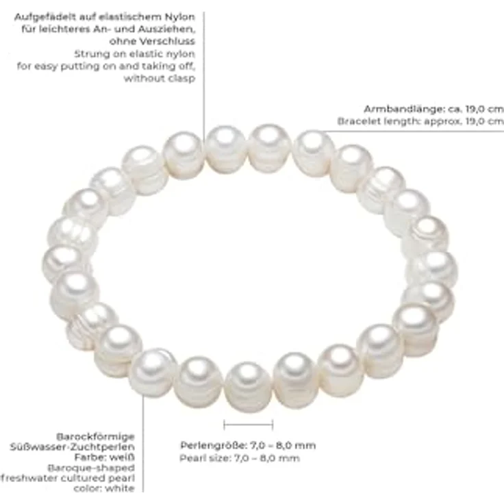 Valero Pearls Damen-Armband, elastisch mit hochwertigen barocken Süßwasser-Zuchtperlen ca. 8 mm, weiß, 19 cm Länge - elegantes Perlenarmband für stilvolle Outfits – Bild 2