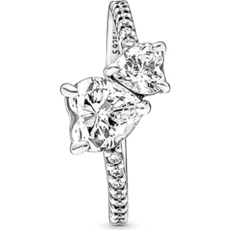 Pandora Timeless Doppel-Herz Ring, 952 Sterling Silber mit klaren Cubic Zirkonia, asymmetrisch designt, 191198C01-54 – Bild 3