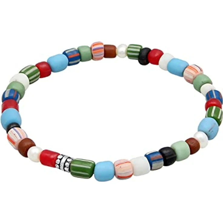 Kuzzoi Buddha Herren Armband, elastisch aus Süßwasserperlen (5 mm) mit oxidierten 925 Sterling Silber Elementen und Glas Beads, Länge 19 cm – Bild 1