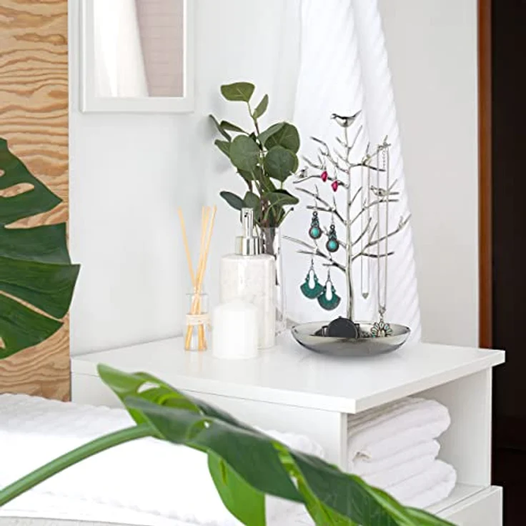 Relaxdays Schmuckständer Baum, Schmuckaufbewahrung für Ketten, Ohrringe & Armbänder, HxBxT 30x16x15 cm, weiß mit Ablagefläche – Bild 5