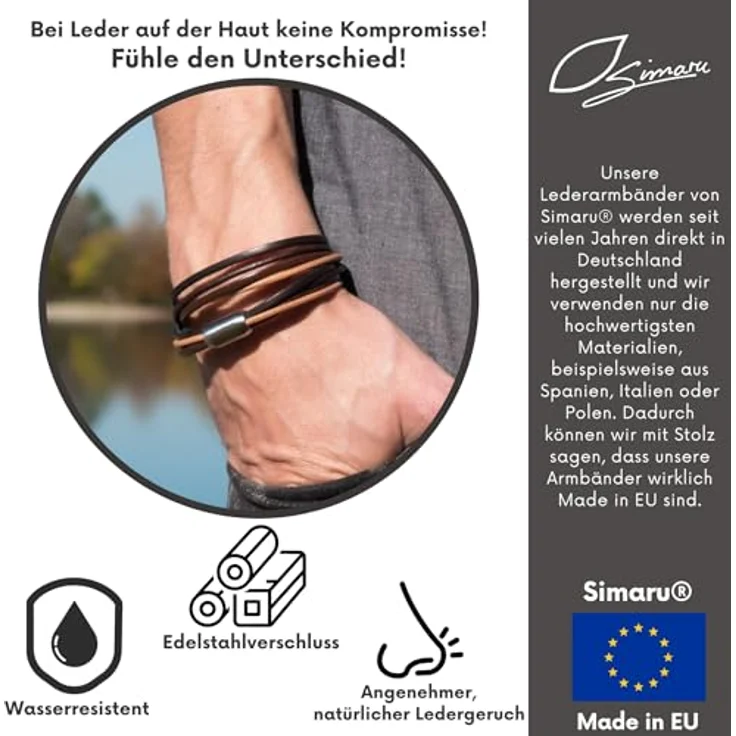 Simaru Designer Lederarmband – Wickelarmband aus pflanzlich gegerbtem Leder mit Edelstahl Magnetverschluss, braun, Größe L – Made in Germany – Bild 5