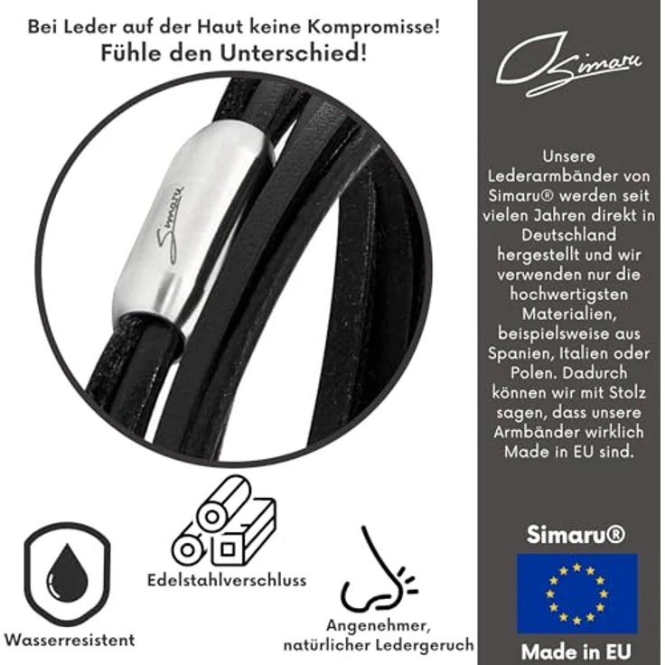 Simaru Designer Lederarmband, Wickelarmband für Herren & Damen, pflanzlich gegerbtes Leder mit Edelstahl Magnetverschluss, Made in Germany, schwarz (Größe M) – Bild 5
