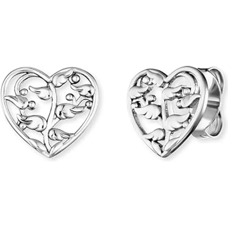 Engelsrufer Ohrstecker Flügelbaum, Damen Ohrschmuck aus rhodiniertem 925er Sterlingsilber mit Lebensbaum & Herz, Größe: 12,7 x 11,8 mm