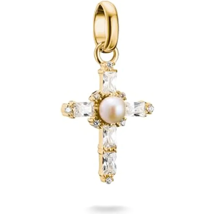THOMAS SABO Charm Vintage-Kreuz vergoldet mit Zirkonia (synth) und Süßwasserzuchtperle - Connect