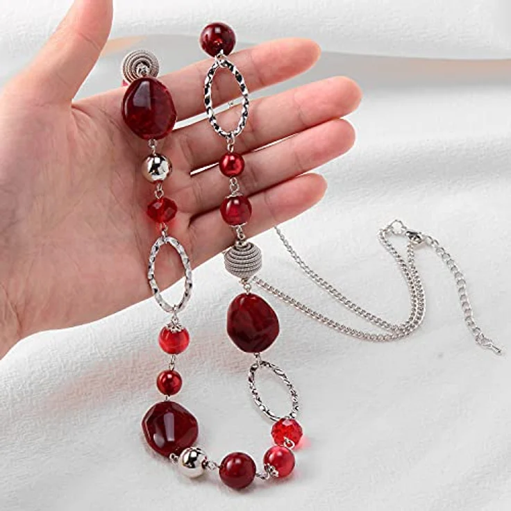 Bulinlin Langkette Damen, Silber Perlen Boho Statement Halskette, 35+3 Zoll, Rot – Bild 3