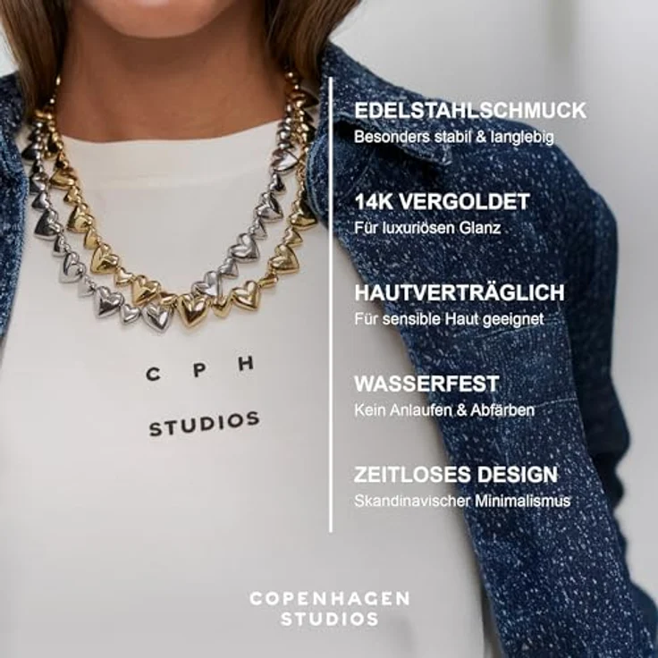 COPENHAGEN STUDIOS Puffy Hearts Halskette - gold - Edelstahl 14K vergoldet, verstellbare Länge, wasserfest & hautfreundlich – Bild 3