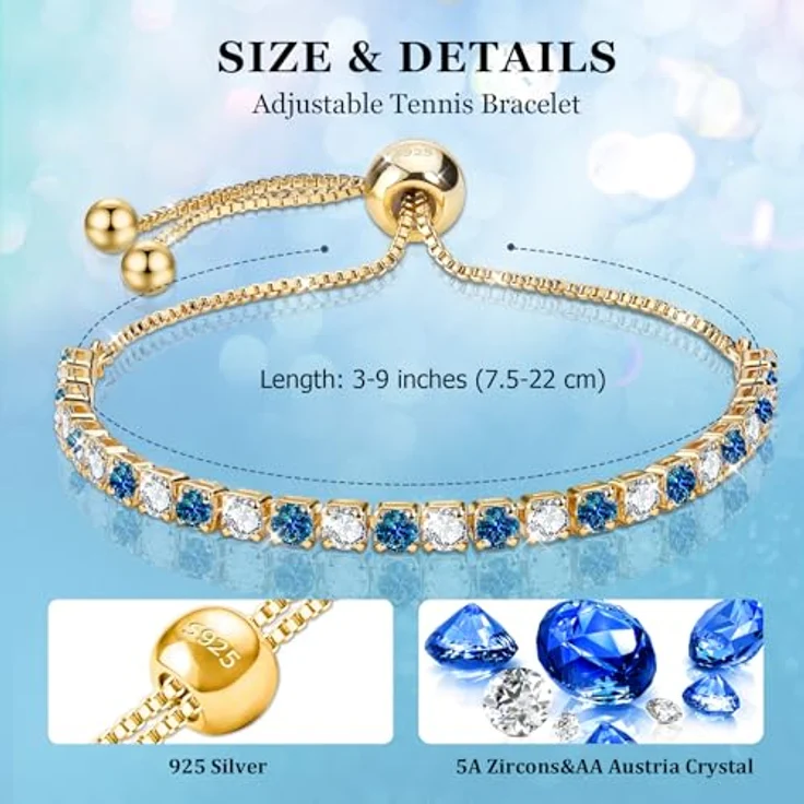 J.Fée Tennisarmband Gold Damen, verstellbares Armband aus Sterlingsilber mit blauem Kristall und 5A Zirkon, hypoallergen, in luxuriöser Geschenkbox – Bild 2