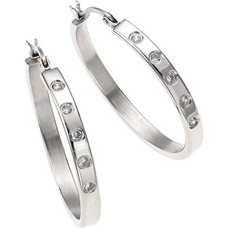 Zeeme Edelstahl Damen Ohrringe, 3,5 cm glänzend mit grauen Zirkonia, inkl. Etui