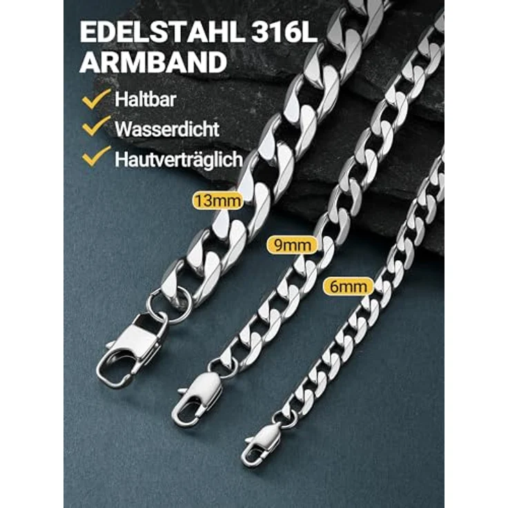 PROSTEEL Panzerarmband Herren Edelstahl, 21cm lang, 13mm breit, Silber, wasserfest und robust, klassisches Design – Bild 4
