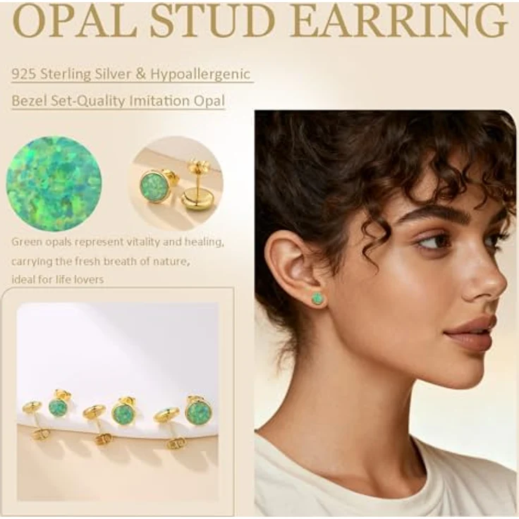 Jiahanzb Opal Ohrstecker 925 Sterling Silber, Runde grüne Opal Ohrringe, hypoallergen, 6 mm, vergoldet – Bild 5