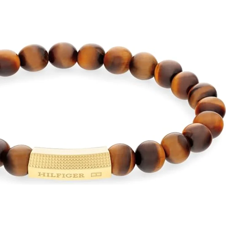 Tommy Hilfiger Jewelry Armband mit Tigeraugenperlen für Herren, Edelstahl-Plakette mit goldener Ionenplattierung, 180 mm Umfang – Bild 2