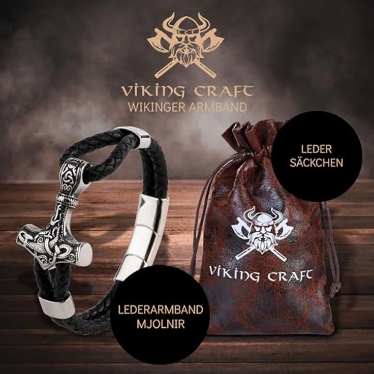 VIKING CRAFT Thor Lederarmband für Herren, 21cm, silber-schwarz, mit Mjölnir Anhänger aus Edelstahl, perfektes Wikinger Geschenk – Bild 2