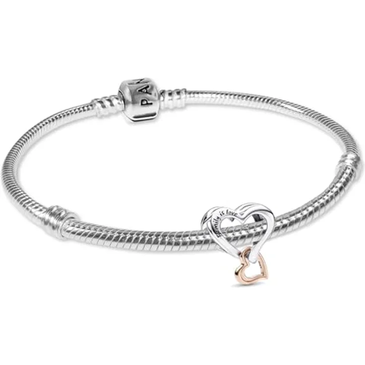 Pandora Charm-Armband Damen Starter-Set mit silbernem Unendlichkeitsherz und roségold plattiertem Herz-Bead, 925 Silber