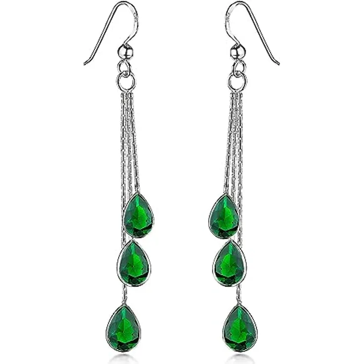 Materia Damen Ohrhänger Silber 925 mit grünen Zirkonia, 64 mm lang, Fischhakenverschluss