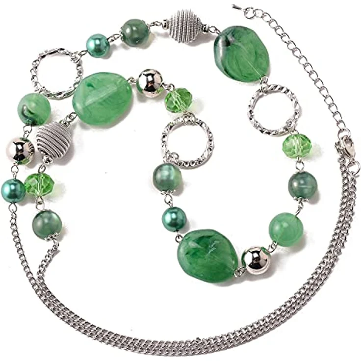 Bulinlin Damen Lange Perlenkette Silber Metallkette mit Glaskristallen, Boho Stil, 88 cm, Jade Green – Bild 2