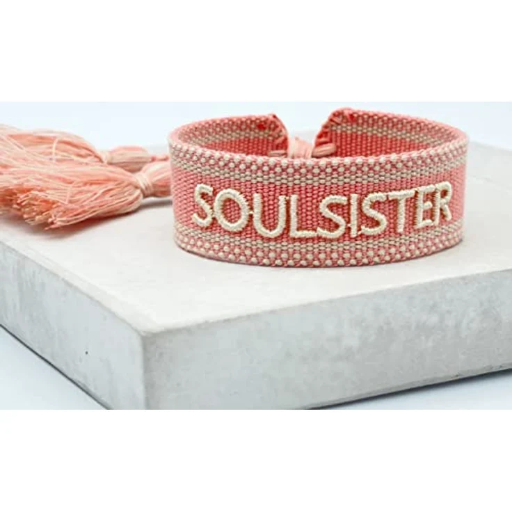 LS-LebenStil Soulsister Armband, Rosa Weiß, Quasten, besticktes Boho Canvas Webarmband, 16-20cm, Damen Freundschaftsarmband, waschbar – Bild 4