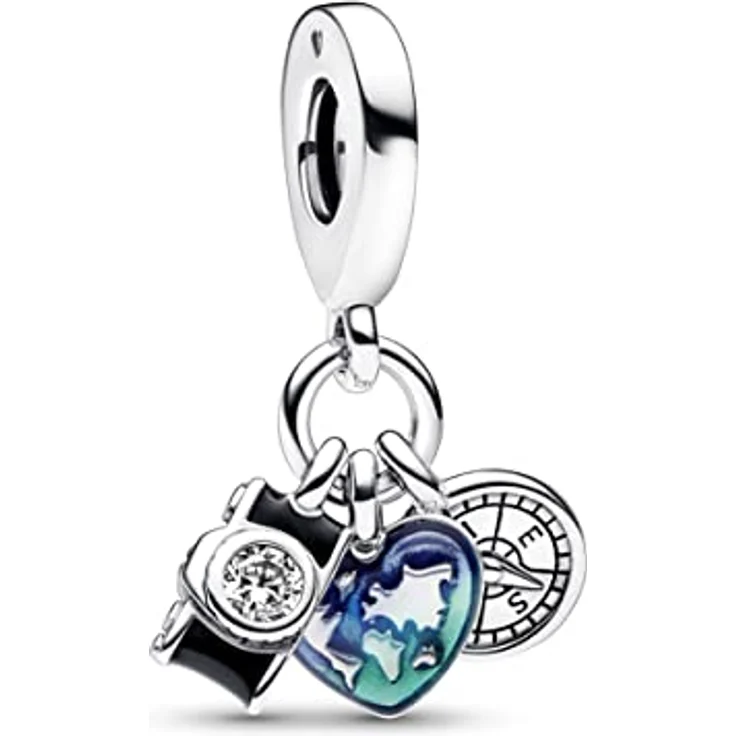 PANDORA Moments Kamera, Herz & Kompass Dreifacher Charm-Anhänger aus Sterling Silber, mit Cubic Zirkonia, für Moments Armbänder, 792703C01 – Bild 1