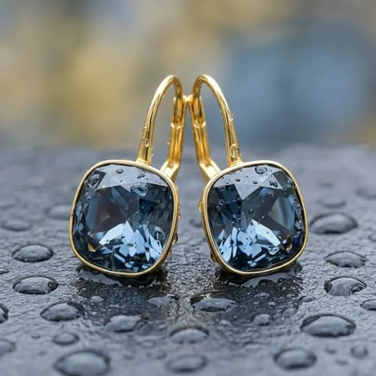 Nobel Schmuck Ohrringe Denim Blue, 925 Sterling Silber vergoldet mit SW Kristallen, minimalistisch kurz mit Klappverschluss – Bild 4