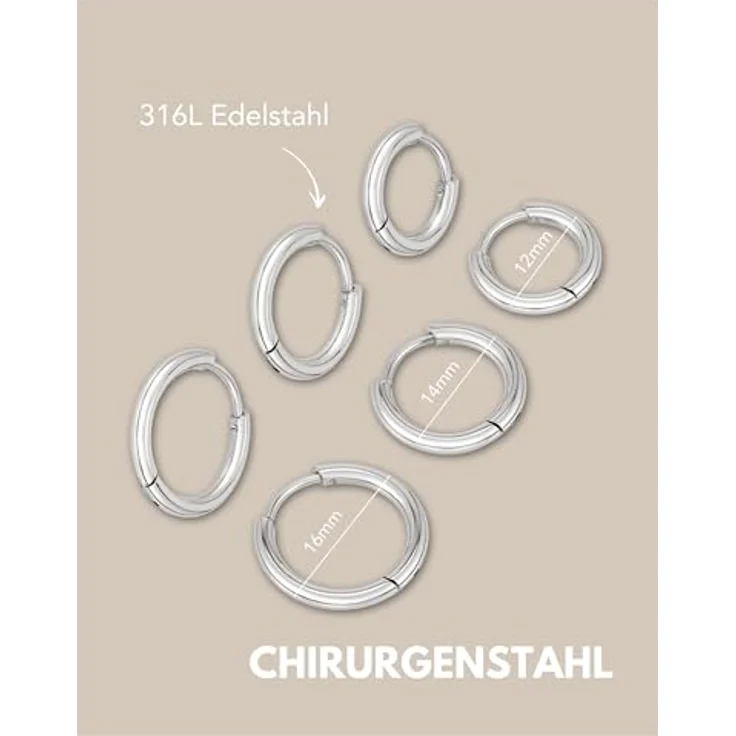 GD GOOD.designs Creolen Edelstahl Silber, 3 Paar kleine Ohrringe (12 mm, 14 mm, 16 mm) aus hautverträglichem Chirurgenstahl, wasserfest und in eleganter Schmuckbox – Bild 5