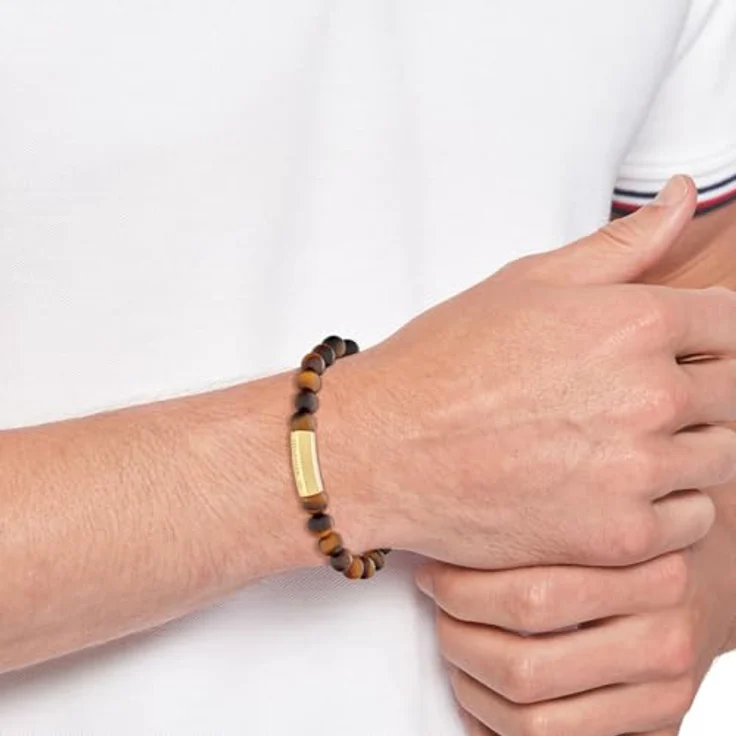 Tommy Hilfiger Jewelry Armband mit Tigeraugenperlen für Herren, Edelstahl-Plakette mit goldener Ionenplattierung, 180 mm Umfang – Bild 4