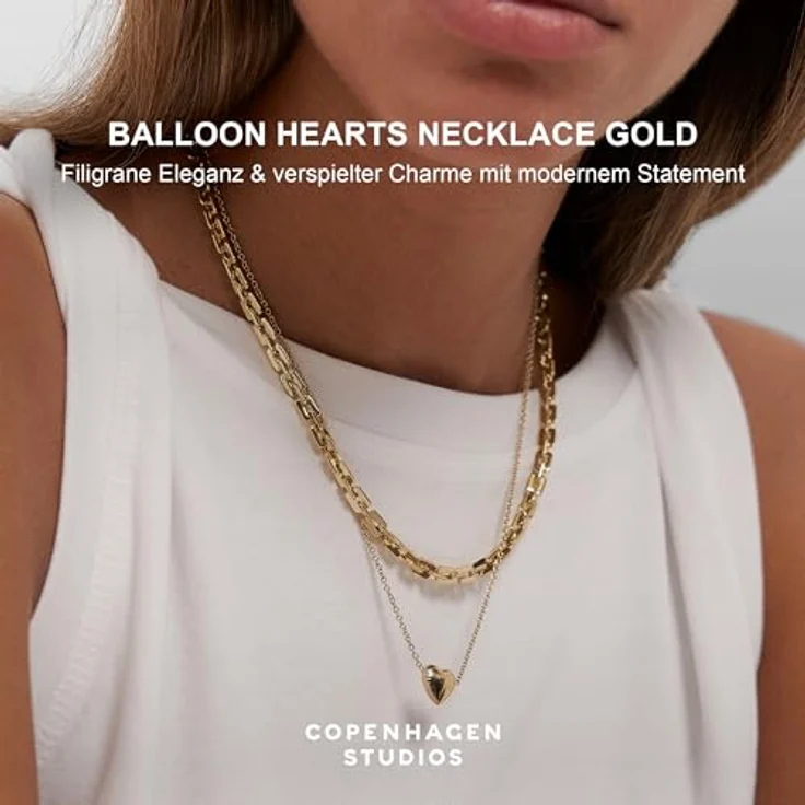 COPENHAGEN STUDIOS Balloon Hearts Halskette, gold - filigrane Damen-Halskette mit Herzanhänger - 14K vergoldeter Edelstahl - verstellbare Länge bis 50 cm - wasserfest – Bild 2