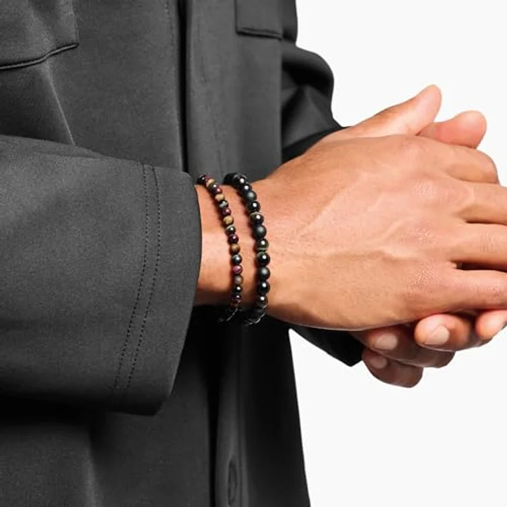 Thomas Sabo Talisman-Armband aus recyceltem 925 Silber, Tigerauge-Edelsteine in Rot, Blau und Braun auf Stretchband – Bild 2