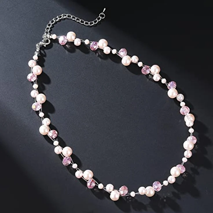 Bulinlin Damen Kristall Perlenkette, Silber Boho Statement Choker Halskette mit verlängerbarem Umfang, leicht rosa – Bild 5