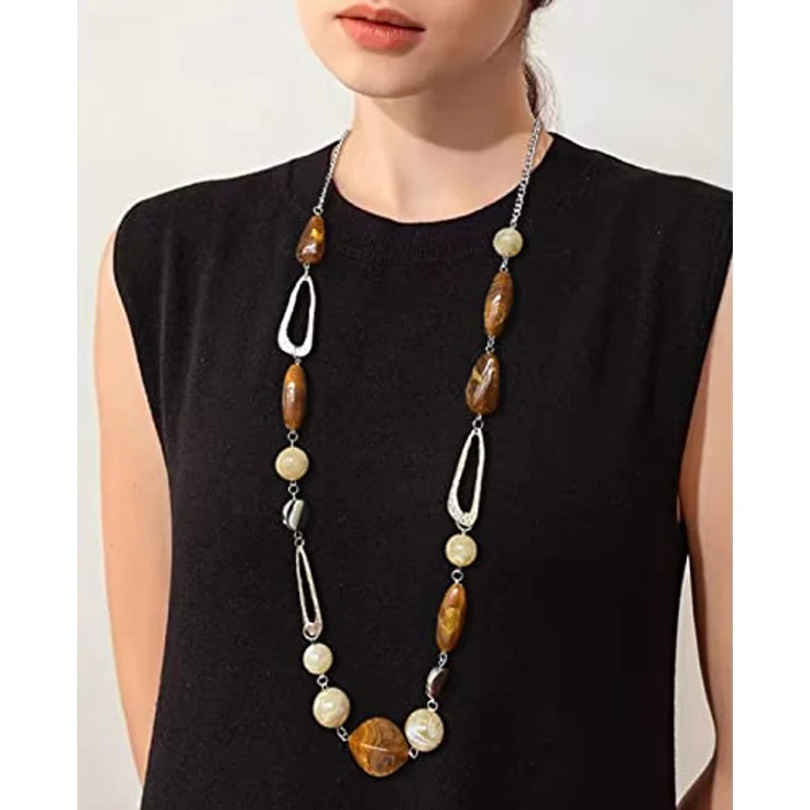 FULU AUTUMN Lange Perlenkette Damen Boho Statement Schmuck, 35 Zoll mit Karabinerverschluss, Camel Brown – Bild 4