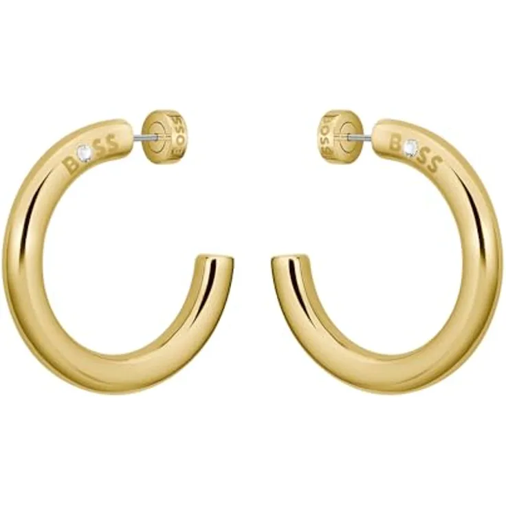 BOSS Jewelry LIVE STATEMENT Creolen, 40 mm Hoop-Ohrringe in Gelbgold mit eingraviertem Logo und Schmetterlingsverschluss