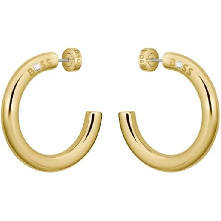 BOSS Jewelry LIVE STATEMENT Creolen, 40 mm Hoop-Ohrringe in Gelbgold mit eingraviertem Logo und Schmetterlingsverschluss – Bild 1