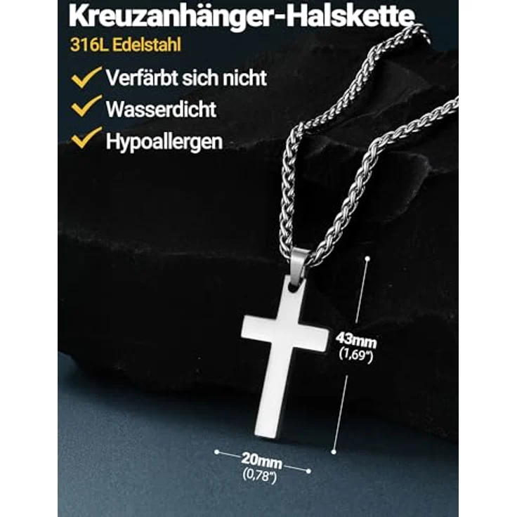 PROSTEEL Edelstahl Kreuz Kette, Halskette mit Kreuz Anhänger, 55cm verstellbar in Silber, robust und hautverträglich, 43mm x 20mm – Bild 3