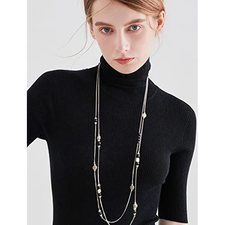 Bulinlin Damen Lange Perlen Kette Statement Halskette 36,5 Zoll mit Silber Anhänger - Modeschmuck in Schwarz als Geschenk für Frauen – Bild 3