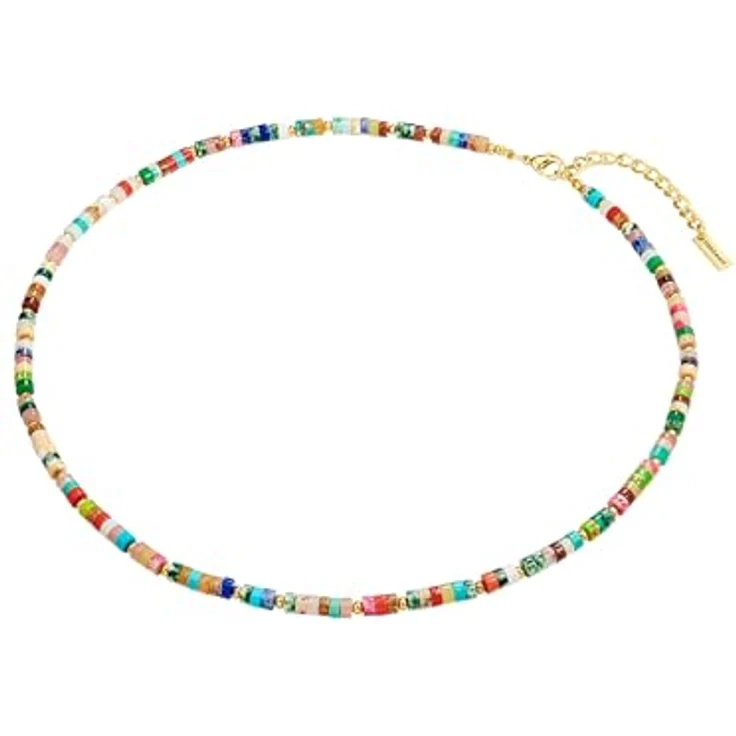 Yokoamii Damen Kette aus Metall-Legierung gelbgold mit buntem Achat, Modeschmuckhalskette mit Verlängerungskettchen (50 cm + 5 cm) – Bild 2