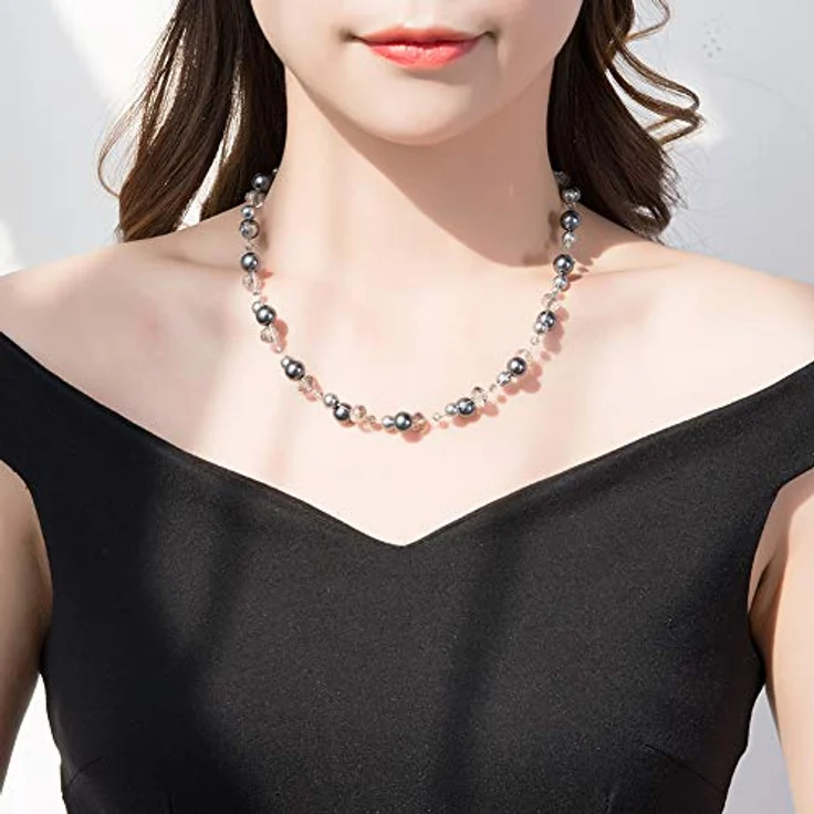 Bulinlin Damen Kristall Perlenkette Silber Boho Statement Choker Halskette, 17-Zoll plus 3-Zoll Verlängerung, grau – Bild 5