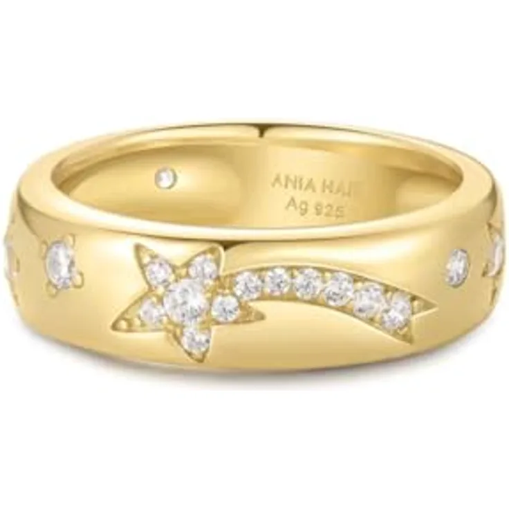 ANIA HAIE Damen Ring MELODIC POET Celestial Chunky, 925 Sterling Silber 14k vergoldet, 28 Zirkonia, Gravuren von Stern und Mond, Größe 54, inkl. Geschenkverpackung