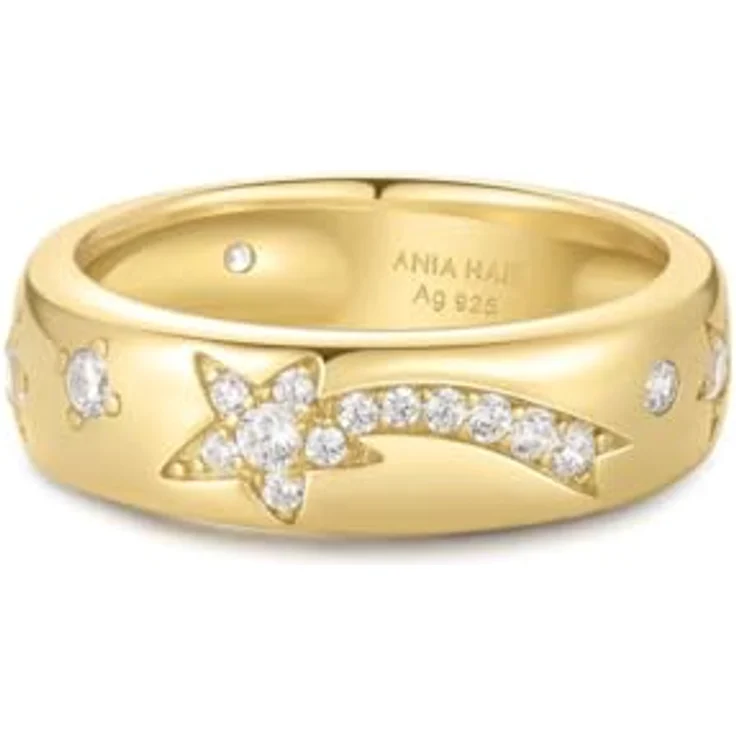 ANIA HAIE Damen Ring MELODIC POET Celestial Chunky, 925 Sterling Silber 14k vergoldet, 28 Zirkonia, Gravuren von Stern und Mond, Größe 54, inkl. Geschenkverpackung – Bild 1