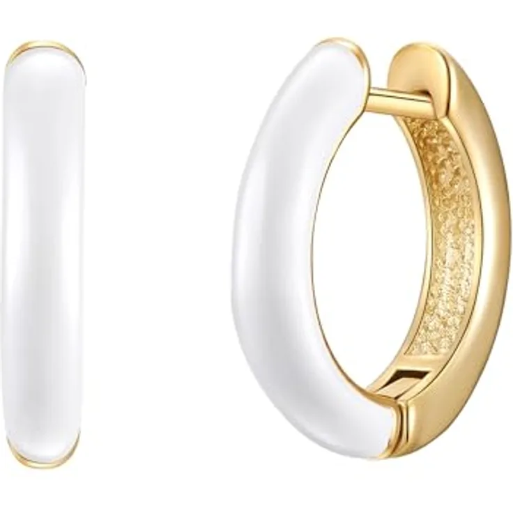 Yokoamii Damen Creolen, gelbvergoldete Metall-Legierung 14 Karat mit weißer Emaille, Modeschmuck Ohrcreolen in Schmuckbox