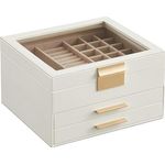 SONGMICS Schmuckkästchen JBC239WT, 3 Ebenen, Glasdeckel, mit 2 Schubladen, wolkenweiß-golden, viel Stauraum für Schmuck