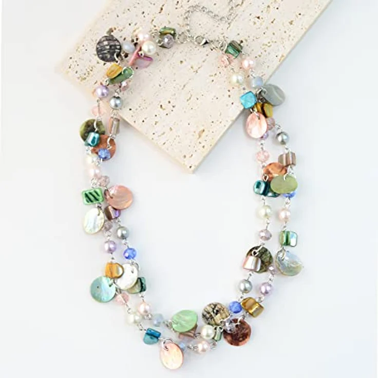FULU AUTUMN Kristall Perlenkette Boho Muschelkette, Mehrreihig, 18 Zoll + 2,7 Zoll Verlängerung, Bunte Halskette für Damen – Bild 5