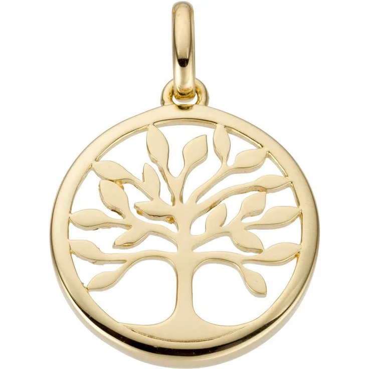 JOBO Kettenanhänger Baum aus 585 Gelbgold, Durchmesser 13,4 mm, Gewicht 0,9 g