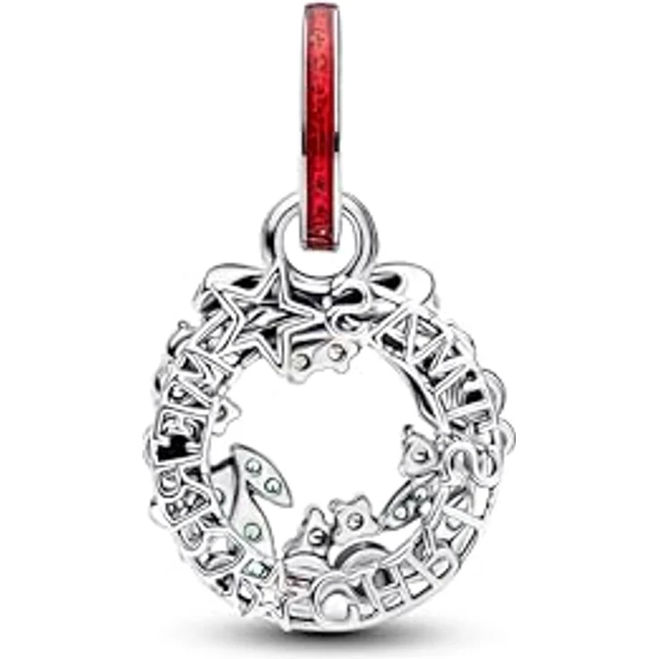 PANDORA Moments Weihnachtskranz Doppelter Charm-Anhänger aus Sterling-Silber mit grünen künstlichen Kristallen und roter glitzernder Emaille, kompatibel mit ME und Moments, 794238C01 – Bild 2