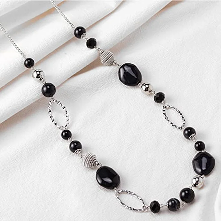 Bulinlin Silber Perlen Lange Kette für Damen, Boho Statement Chain Halskette, 35+3 Zoll, schwarz, Modeschmuck für Geburtstagsgeschenke – Bild 4