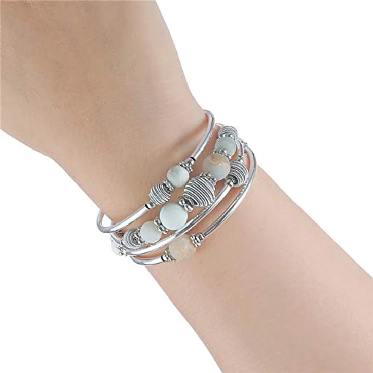 Bulinlin Silber Wickelarmband mit Naturstein Perlen, Boho Mehrschichtiges Damenarmband in Grün, Geburtstagsmodegeschenk für Frauen – Bild 2
