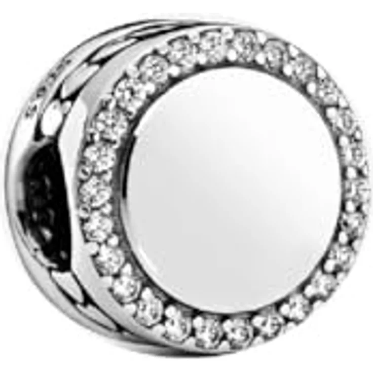 PANDORA Moments Gravierbarer Funkelnder Knopf Charm aus Sterling Silber mit 52 Zirkonia, kompatibel mit Moments Armbändern, 798747C01