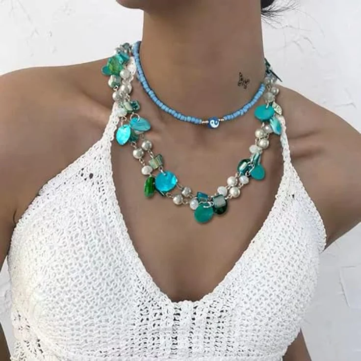 FULU AUTUMN Kristall Perlenkette Boho Muschelkette, bunte mehrreihige Damen-Halskette mit Muschelanhänger, 18 Zoll + 2,7 Zoll verlängerbar, türkis – Bild 3