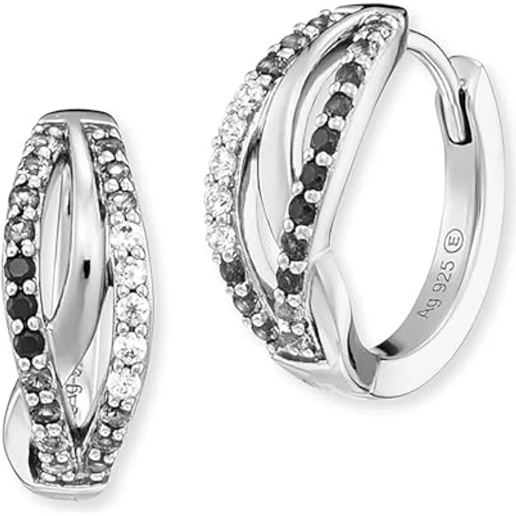 Engelsrufer Yin Yang Infinity Creolen, Damenohrringe aus Sterling Silber mit 44 Zirkonia-Steinen in Weiß und Schwarz, Clipverschluss, nickelfrei, 16 mm