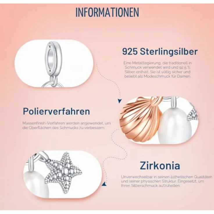Amuefer Pearl Starfish Shell Charm, 925 Sterling Silber mit Zirkonia, für Armbänder und Halsketten – Bild 3