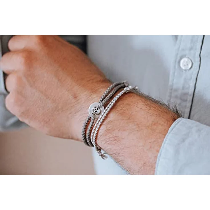 Nato Cuff Geflochtenes Baumwollarmband, handgefertigt in Frankreich, Edelstahlmedaille 316L, verstellbar, grau-weiß – Bild 3