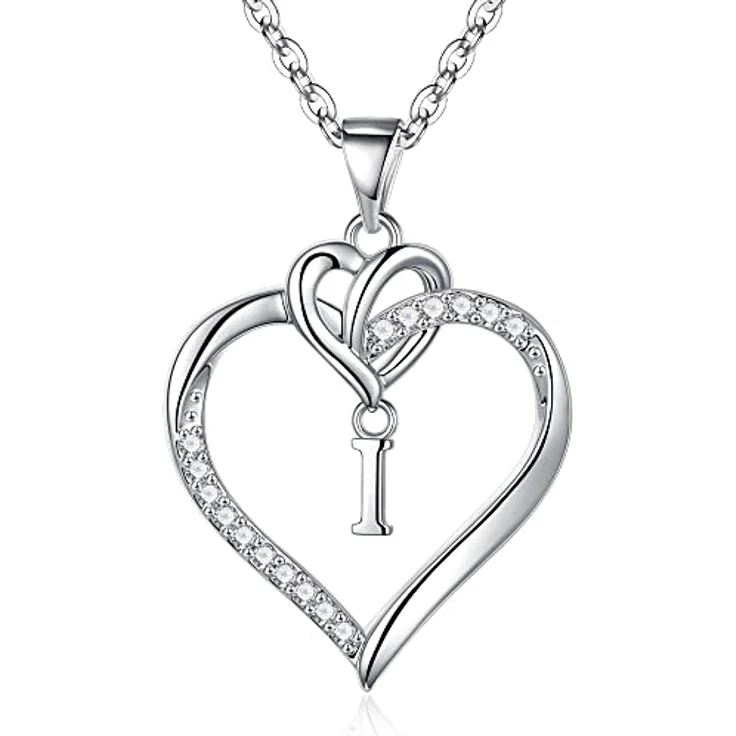 TINGN Herz Buchstabenkette Damen, Silber Halskette mit CZ Herz Anhänger, 14 Karat vergoldet, Buchstabe I, 45 cm + 5 cm Verlängerung, ideales Geschenk für Frauen und Mädchen – Bild 1