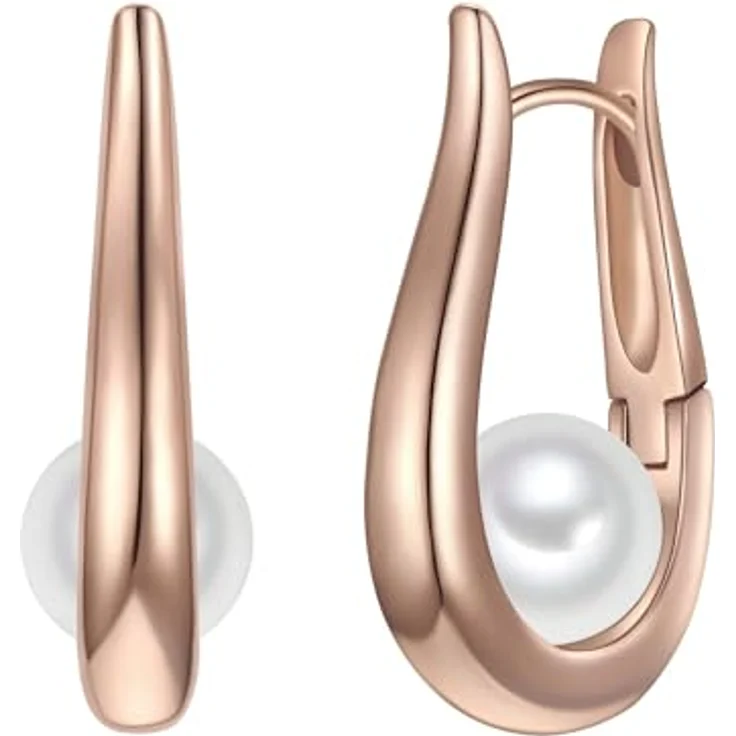 Yokoamii Damen Creolen, rosévergoldet 14 Karat mit runder weißer Muschelkernperle ca. 7,0-7,5 mm, elegantes Design – Bild 1